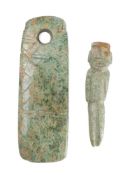 A Pre-Columbian nephrite axe head: of rectangular form, 15cm long, together with a nephrite pendant,
