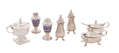 A mixed lot of silver condiments, various makers and dates: includes two pairs of pepperettes,