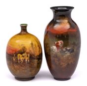 Two Doulton Holbein Ware vases: one of slender oviform with flaring rim decorated with coloured