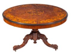 A fine Victorian burr walnut and marquetry circular centre table, circa 1865,