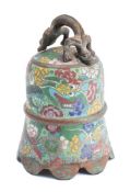 A cloisonné temple bell: of traditional design the handle in the form of dragons,