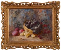 Vincent Clare [1855-1930]- Plums, grapes and berries on a mossy bank,