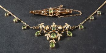 A peridot and seed pearl Art Nouveau style fringe necklace,: stamped '9C', length ca.