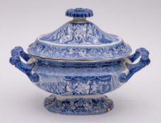 A Jones & Son 'British History' series pottery tureen and cover: printed in blue with scenes from