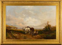 Joseph Horler [1809-1887]- Ploughmen and a plough team resting, view to cottages and a bay beyond,