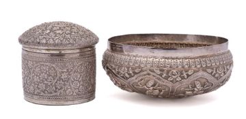 An Indian silver bowl: of circular outline with embossed decoration of dancing figures 13cm