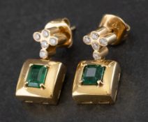 A pair emerald and round, brilliant-cut diamond earrings,: calculated total emerald weight ca. 1.