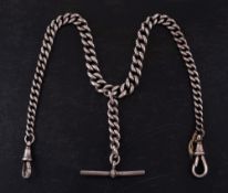 A silver Albert pocket watch chain: curb link marked for silver, with silver bar,