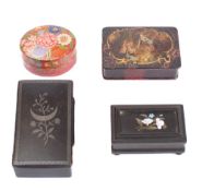 A pietra dura stamp box: of rectangular outline having inlaid floral decoration to the lid,