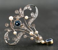 A gold and silver Belle Époque sapphire, rose-cut diamond and seed pearl brooch,