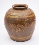 A stoneware Martaban storage jar: of oviform with a band of simple impressed decoration on the