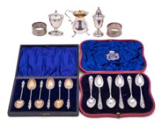 A mixed lot of silver wares, various makers and dates: includes two silver salts, silver cream jug,