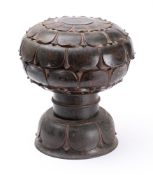 A carved wood and lacquered pedestal bowl and cover: in the form of a lotus flower,