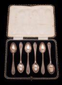 A matched set of six silver coffee spoons, various makers and dates: cased, 85gms, 2.75ozs.