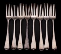 A mixed lot of eight silver table forks, various makers and dates: 519gms, 16.68ozs.