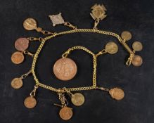 A quantity of gaming medallions on a chain: twelve in total.