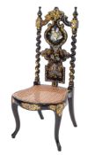 A Victorian parcel gilt and mother-of-pearl inlaid black lacquered wood side chair, circa 1860,