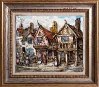 Rita. E. Whitaker R.M.S. Enamel on copper panel 'Old Houses at Chester in 1810': signed.