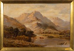 David Bates [1841-1921]- The Lledr Valley, cattle watering in the foreground,