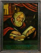An 18th Century over painted print of St Luke: depicted writing his gospel with a bull in the