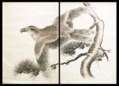 Two Japanese woodblock prints in two parts: depicting eagles flying over pine trees each 94 x 130cm