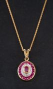 A 9ct gold ruby and single-cut diamond cluster pendant: together with a trace-link chain stamped