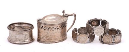 A mixed collection of silver wares, various makers and dates: includes mustard pot and cover,