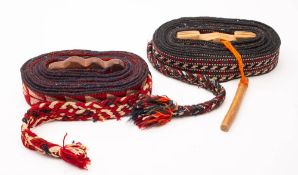 Two Iranian woven yurt bands: with banded geometric pattern decoration.