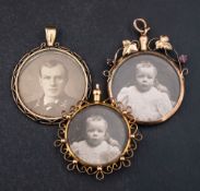 Three pendants set with photographs,: two with 9ct gold hallmarks for Chester, one Edwardian,