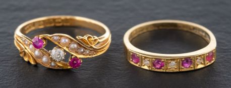 Two 18ct gold diamond and ruby rings,: an old-cut diamond, ruby and seed pearl ring,