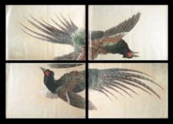 A large Japanese woodblock print in four parts: depicting flying pheasants,