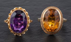 Two rings,: a 9ct gold amethyst ring, estimated amethyst weight ca.