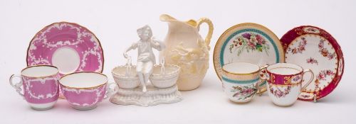 A mixed lot: including a Copeland & Garrett Felspar porcelain trio in pink and white, printed marks,