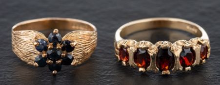 Two gemset, 9ct gold rings,: a ring set with sapphires, hallmarks for Birmingham, 1979,