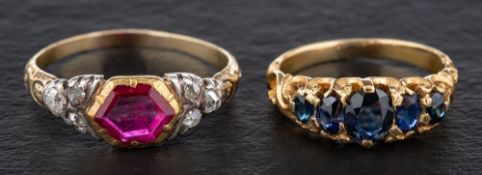A synthetic sapphire five stone ring and a synthetic ruby and single-cut diamond ring,