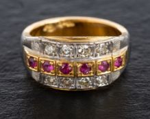 A three-row ruby and single-cut diamond ring,: estimated total diamond weight ca. 0.