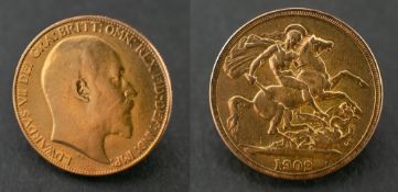 An Edward VII double sovereign gold coin, 1902,: diameter ca. 28mms, total weight ca. 15.6gms.