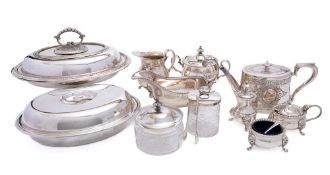 A mixed collection of silver plated wares: includes entree dish and cover, teapot, sauce boat,