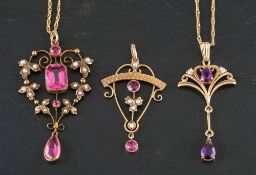 Three gemset, openwork pendants,: including a 9ct gold, amethyst and diamond pendant,