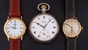 A gold-plated Omega wristwatch: the silvered dial with Arabic numerals, subsidiary seconds dial,