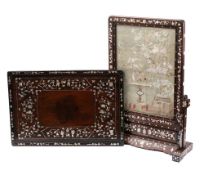 A Chinese hardwood table screen: with silkwork panel depicting vases of floral sprays,
