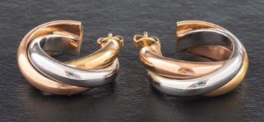 A pair of 9ct tri-coloured gold, half-hoop earrings,: import marks for Sheffield,