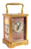 A French porcelain panelled carriage clock: the eight-day duration movement having a platform lever