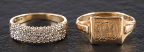 Two 9ct gold rings,: a signet ring, with engraved monogram 'DGI', hallmarks Birmingham, 1946,
