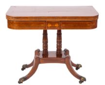 A George IV or William IV mahogany and sycamore strung card table, circa 1830,
