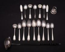 A Georgian silver toddy ladle, all marks worn: on a spiral twist whalebone handle,