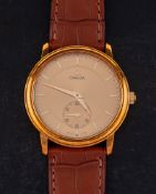 An 18ct gold Omega Thin manual wind wristwatch: the round dial with baton hour markings,