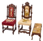 Two Victorian carved oak and tapestry work upholstered side chairs in Jacobean style,