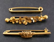 Three bar brooches,: including a 9ct gold Royal and Merchant Navy sweetheart brooch,