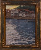 Georges Macon, French School 19/20th Century- Buildings on a waterfront,:- signed, oil on canvas,